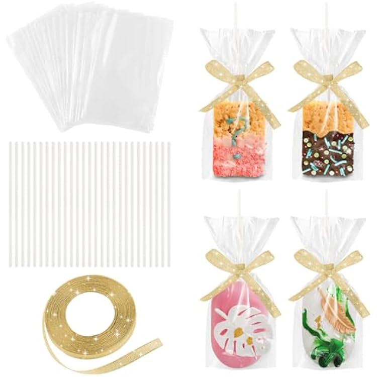 50 Pack Rice Krispy Treats Bag with Sticks Kit: Clear Plastic Container for Small Cakesicles, Marshmallow Square, Cake Pop, Crispy Treat Packaging Holder with Gold Ribbon for Wedding Party Christmas