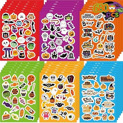 Joy Bang 680 PCS Halloween Stickers for Kids, 30 Sheets Halloween Party Favors Stickers Crafts Toys Bulk Pumpkin Monster Candy Sticker Bulk for Treat Bags Goodie Bag Stuffers for Kids