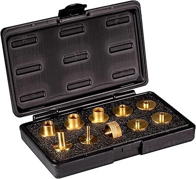POWERTEC 71221 11-Piece Brass Router Guide Bushing Set | Pro Style Router Template Kit with Long Shank Bit Set and Lock Nuts, Fits Any 1-316 or 1-14 Base Plate
